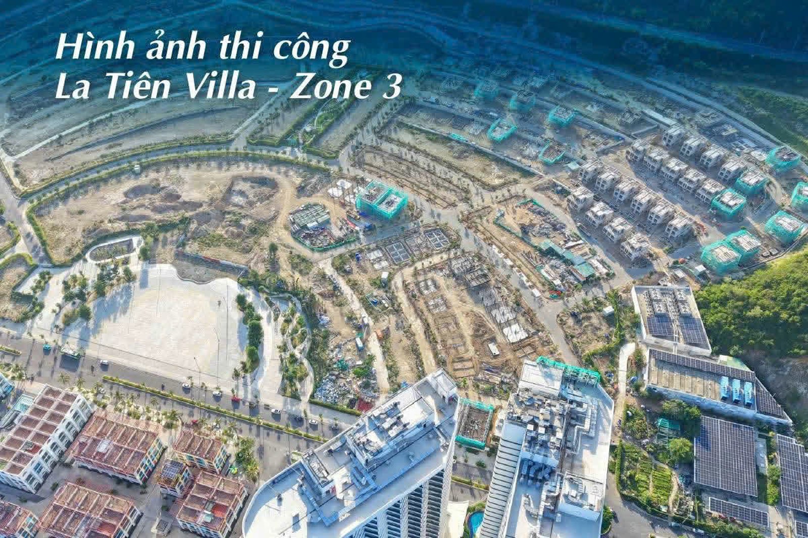Flycam CĐT — móng và khung tầng 1–2 các căn Zone 3, hạ tầng quanh khu đã xong