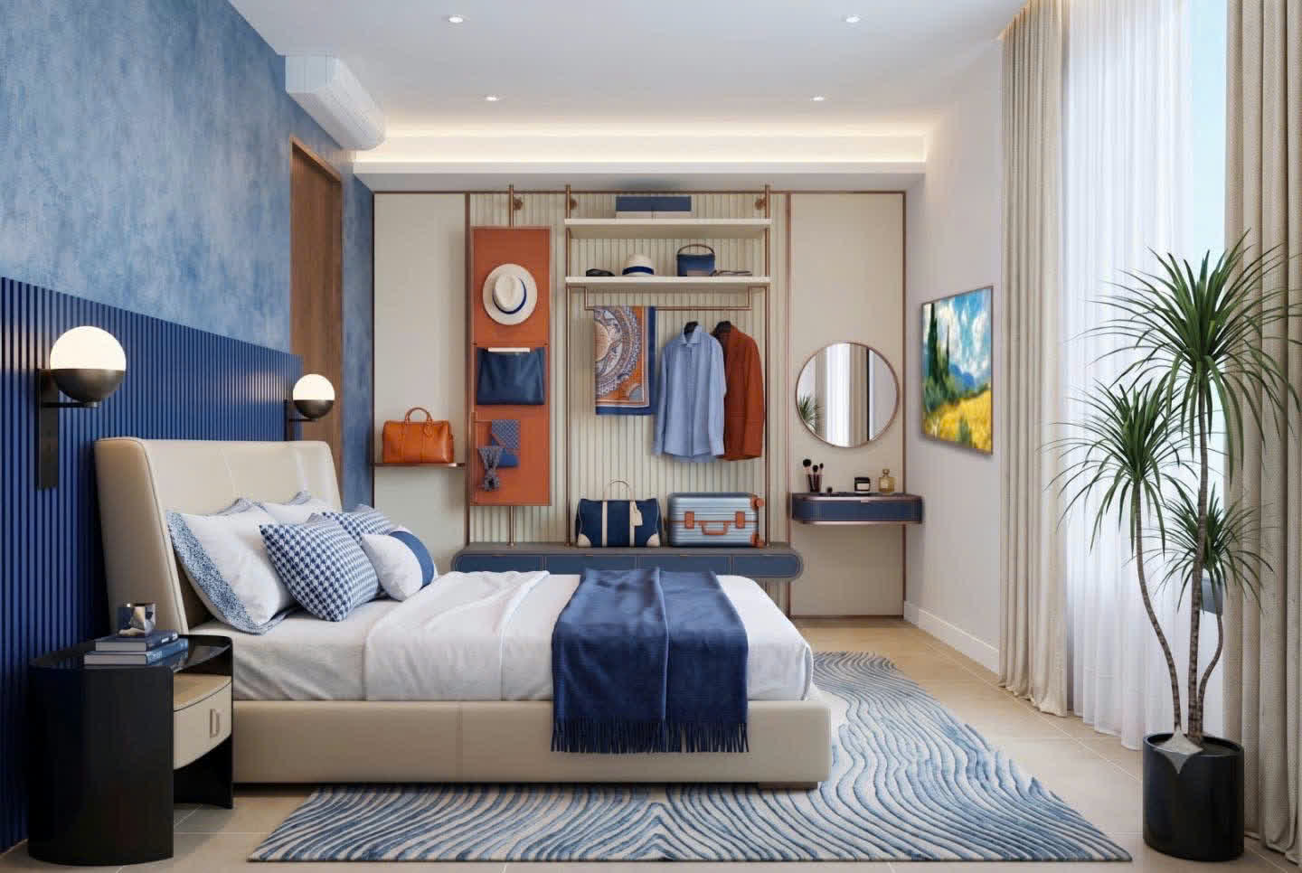 Phòng ngủ mẫu phong cách resort — tông xanh navy phối cam